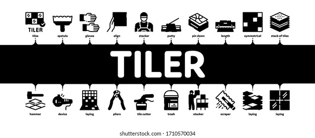 Tiler Work Equipment Minimal Infographic Web Banner Vector. Tiler Rectangular Notched Trowel And Electrical Tile Cutter, Level Tool And Grinder Illustrations