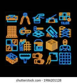 Tiler Work Equipment neon light sign vector. Glowing bright icon  Tiler Rectangular Notched Trowel And Electrical Tile Cutter, Level Tool And Grinder Illustrations