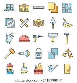 Los iconos de trabajo de la inclinación están configurados. Conjunto de esquemas de iconos vectoriales del trabajador de la inclinación color de línea delgada plano sobre blanco