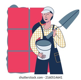 Tiler worker laying red ceramic tiles on wall. Professional female tiler in uniform working. Woman worker with spatula and cement. Home repair, decoration and renovation services. Vector illustration