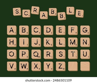 Tiles Alphabet of the wooden pieces for Word Scrabble game board. Craft letters for decor.