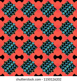 Tiles black, pink and orange background. Geometric seamless pattern. Abstract vector background.