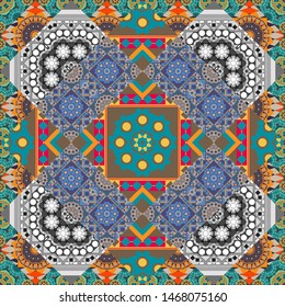 Tiles brown, blue and gray background. Abstract vector background. Geometric seamless pattern.
