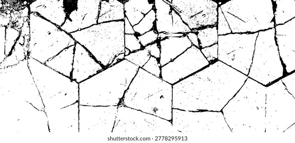 Tiles with cracked grunge texture with distressed surface pattern. Black and white rough overlay background for posters, print, vintage and urban design projects.