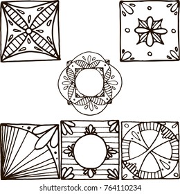 Azulejos con doodles dispuestos a mano. Para diseño impreso, cerámico y creativo. Ilustración vectorial. Aislado en blanco