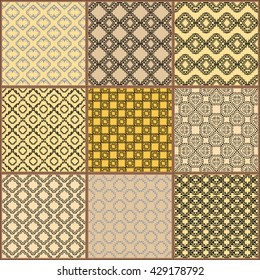 Tiles Floor Ornament Collection. Gorgeous Seamless Patchwork Pattern from Traditional Painted Tin Glazed Ceramic Tilework Vintage Illustration Vector template background 
