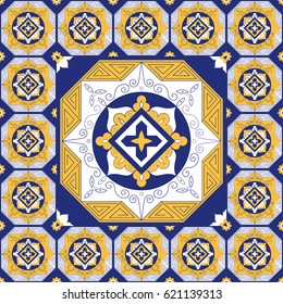 Tiles floor pattern vector with ceramic cement element. Big print in center is framed in small. Background with portuguese, mexican, moroccan, spanish, arabic, italian or greek motifs.
