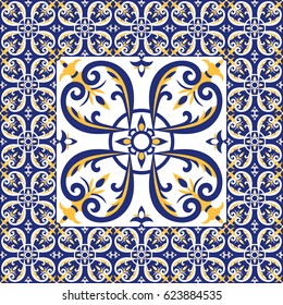 Tiles floor pattern vector with ceramic cement tiles. Big tile in center is framed in small. Background with portuguese azulejo, mexican, moroccan, spanish, arabic motifs.