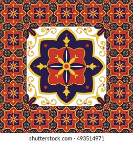 Tiles floor - vintage pattern vector with ceramic cement tiles. Big tile in center is framed in small. Background with portuguese azulejo, mexican, moroccan, spanish, arabic motifs.