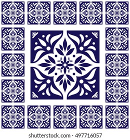 Tiles floor - vintage pattern vector with ceramic cement tiles. Big tile in center is framed in small. Background with portuguese azulejo, mexican, spanish, arabic, moorish ceramics motifs.