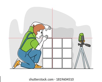 Tiles Laying Service. Worker Male Character with Laser Level Tool Fitting Tile Pieces on Wall. House Work, Handyman Business. Home Renovation and Repair Carpentry Works. Linear Vector Illustration