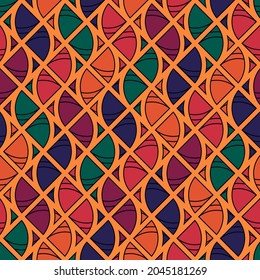 Tiles ornament. Seamless pattern. Patchwork motif. Tribal backdrop. Mosaic image. Quilted background. Geometric vector. Ethnic textile print. Geometrical digital paper. Vector work.