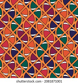 Tiles ornament. Seamless pattern. Patchwork motif. Tribal backdrop. Mosaic image. Quilted background. Geometric vector. Ethnic textile print. Geometrical digital paper. Vector art work.
