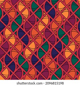 Tiles ornament. Seamless pattern. Patchwork motif. Tribal backdrop. Mosaic image. Geometric vector. Tiled background. Ethnic textile print. Geometrical digital paper. Vector art