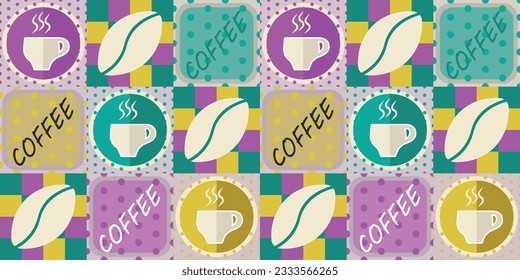 Azulejos con tazas de café pintadas, granos de café y inscripciones. El café es interminable, para cafeterías y establecimientos de cuidados. Para papeles pintados, almohadas, cuadernos, tazas, textiles, interiores