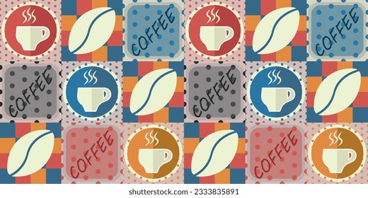 Tiles with painted coffee cups, coffee beans, as well as inscriptions. Coffee endless pattern, for coffee shops and caering establishments.