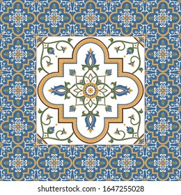 Vector de fondo de cerámica con motivos arabescos. Gran elemento en el marco. Impresión con azulejos portugueses, talavera mexicana, mosaico español, marroquí, sicilia italiana, majólica árabe.