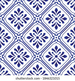 tiles pattern, seamless floral background, blue and white decorative wallpaper decor, Portugal ornament, Moroccan mosaic, pottery folk print, Spanish tableware, vintage tiled design, porcelain ceramic