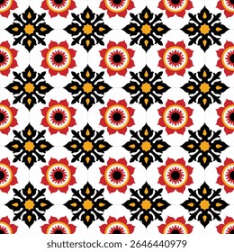 Tiles pattern traditional black and white with red floral seamless pattern