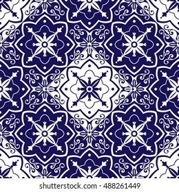 Tiles pattern vector with diagonal chess blue and white ornaments. Portuguese azulejo, mexican, spanish, arabic or moroccan motifs. Tiled background for wallpaper, wrapping paper or fabric.