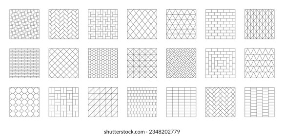 Tiles and paving stones patterns set. Ceramic tile grids for bathroom, kitchen or toilet interior and tile wall. Outline templates of paving stone. Vector illustration.