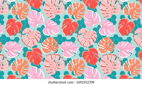 Tiles and plants seamless pattern. Tropical monstera leaves and  palm branches in pastel tones. Summer and rainforest mood. Trendy hand drawn vector illustration for background, banner, textile.