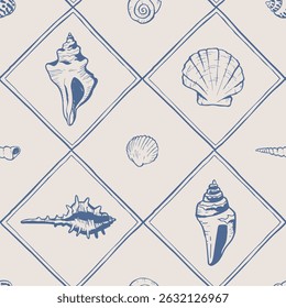 Tiles with seashells marine checkered pattern. Hand drawn seamless illustration with shells. Sea net doodle. Line art drawing graphic background.