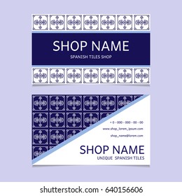 Tiles shop identity template design. Visiting card with ceramic ornament for Spanish majolica store. 