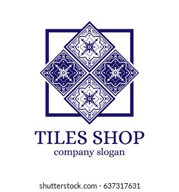 Tiles shop logo template design vector. Branding identity emblem with delft mosaic ornament for Dutch ceramic store.