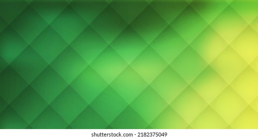Baldosas de cuadrados brillantes translúcidos coloreadas en tonos verdes y amarillos - Patrón de mosaico geométrico, patrón de rejilla brillante sobre fondo de gradiente de gran escala abstracto borroso - Plantilla de diseño de vectores