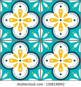 Diseño vectorial de baldosas - Azulejo Lisboa retro mosaico antiguo de baldosas, portugués sin fisuras en color turquesa y amarillo. Fondo textil ornamental inspirado en las baldosas tradicionales española y portuguesa 