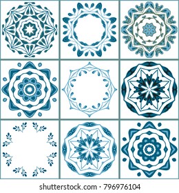 Tiles vector pattern. Colorful Lisbon, Mediterranean style floral ornament tile pattern. Square flower mosaic. Arabic, Indian, Turkish, Pakistan, Moroccan, Portuguese Ottoman motifs. Azulejo.