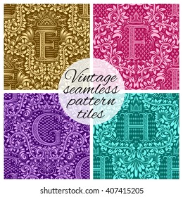 Tiles of vintage seamless patterns for wallpaper design. Set of repeating background swatches in vintage renaissance style. Vintage wallpapers tiles with letters.