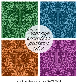 Tiles of vintage seamless patterns for wallpaper design. Set of repeating background swatches in vintage renaissance style. Vintage wallpapers tiles with letters.