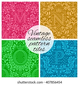 Tiles of vintage seamless patterns for wallpaper design. Set of repeating background swatches in vintage renaissance style. Vintage wallpapers tiles with letters.
