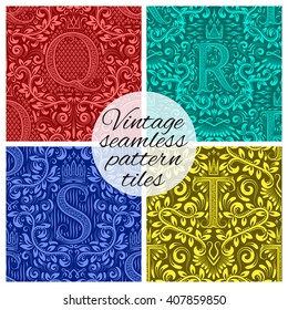Tiles of vintage seamless patterns for wallpaper design. Set of repeating background swatches in vintage renaissance style. Vintage wallpapers tiles with letters.