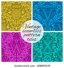 Tiles of vintage seamless patterns for wallpaper design. Set of repeating background swatches in vintage renaissance style. Vintage wallpapers tiles with letters.