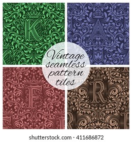 Tiles of vintage seamless patterns for wallpaper design. Set of repeating background swatches in vintage renaissance style. Vintage wallpapers tiles with ornamental letters.