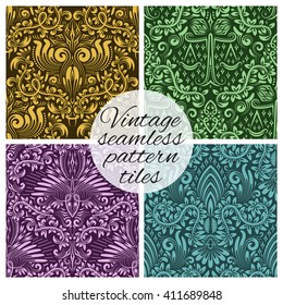 Tiles of vintage seamless patterns for wallpaper design. Set of repeating background swatches in vintage renaissance style. Vintage wallpapers tiles with baroque ornaments.