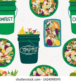 Tiling background with flat style composting bins front and top view with scraps. Trash dumpsters for compostable organic parts of fruits and veggies. Waste recycling seamless pattern. Vector texture