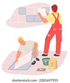 Ilustración vectorial de baldosas de cerámica de suelo y suelo del equipo maestro de baldosas. Dos artesanos trabajando en la renovación de viviendas o en la reparación de apartamentos. Concepto de servicio profesional