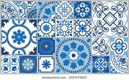 Tiling Mediterranean tile abstract geometric floral patterns. Traditional Portuguese culture, in blue and white. Vector illustration