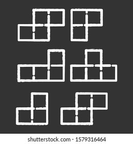 Tiling puzzle chalk icon. Tile-matching game. Block arrangement. Mental exercise. Ingenuity, intelligence test. Brain teaser. Problem solving. Solution finding. Isolated vector chalkboard illustration