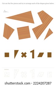 Tiling puzzle to cut out and to arrange different geometrical shapes like triangle, square, cross or rhombus - kind of tangram concentration game with wooden textured pieces to form several figures.
