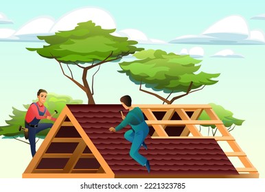 Tiling roofing material. Workers work on roof. Against backdrop of trees and sky. Service illustration Vector