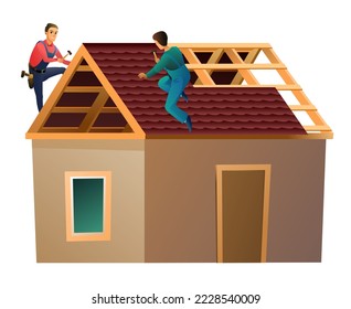 Tiling roofing material. Workers work on roof. Small house and two workers. Service illustration Isolated on white background. Vector