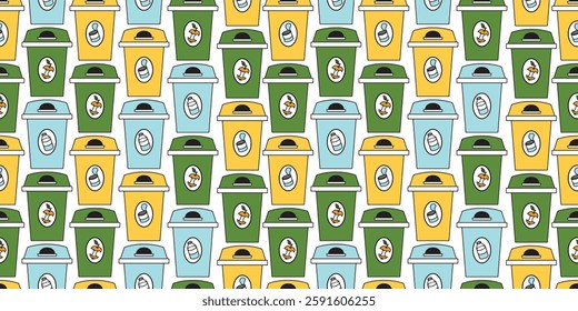 Tiling seamles pattern with sorting trash bins for cans, glasses and food. Colourful garbage containers 