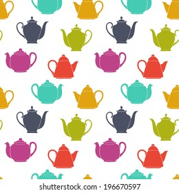Tiling seamless pattern with colorful coffee and teapot silhouettes. Hand drawn doodle afternoon tea background.