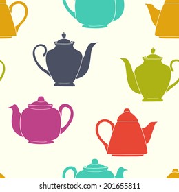 Tiling seamless pattern with colorful coffee and teapot silhouettes. Hand drawn doodle afternoon tea background.