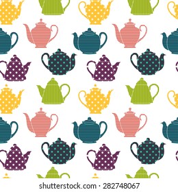 Tiling seamless pattern with colorful coffee and teapot silhouettes. Hand drawn doodle afternoon tea background.